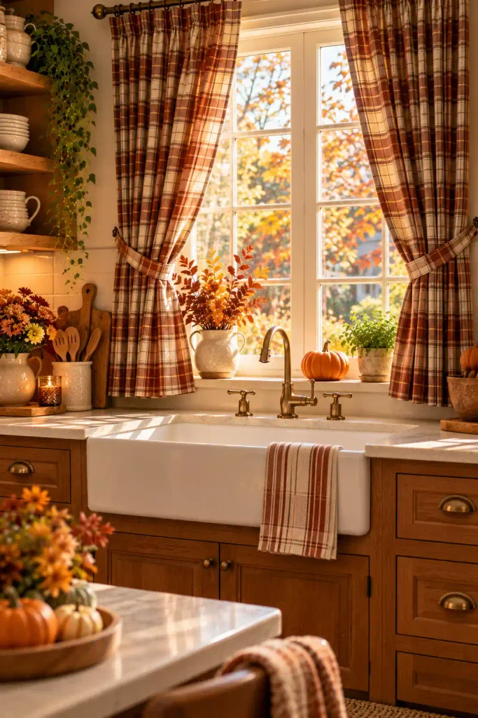 Bright rental kitchen window with simple no-sew curtains on a tension rod.