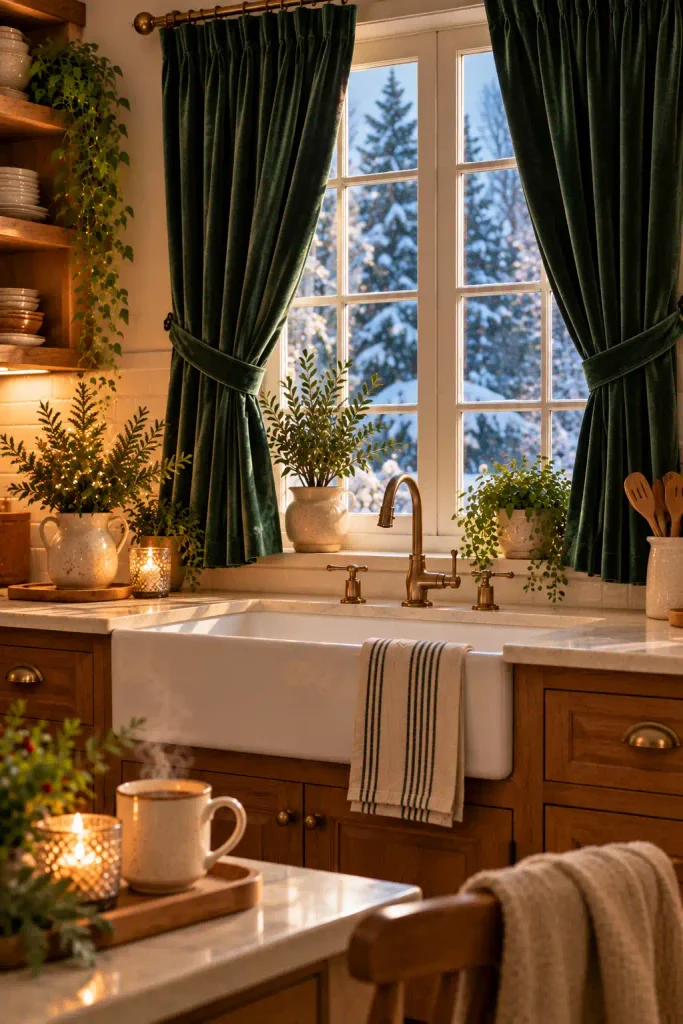 Bright kitchen window with soft sage patterned curtains.