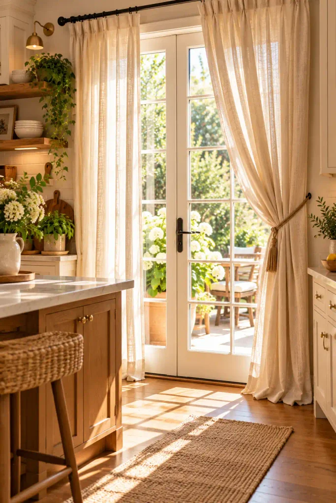 Classic kitchen window with navy and white ticking stripe curtains.