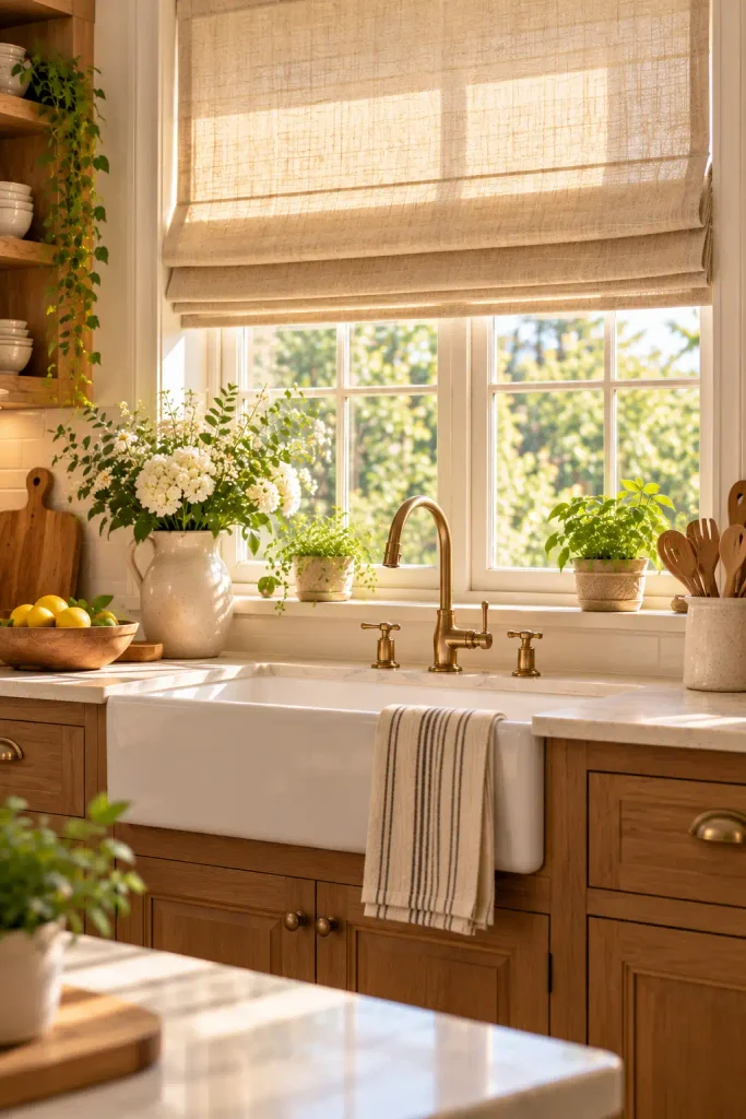 Kitchen window with two tier white cotton curtains and sunlight between.