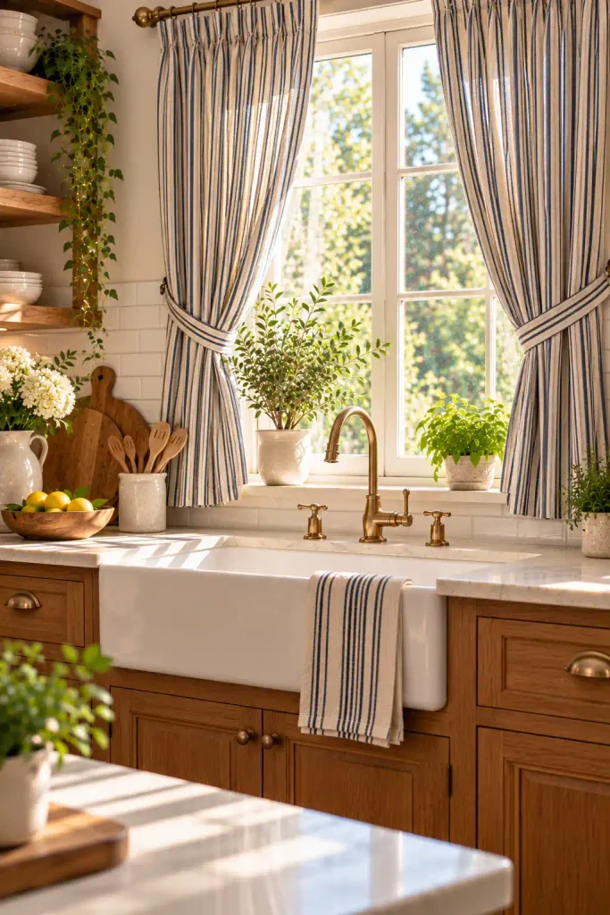 Winter kitchen window with deep green velvet curtains.