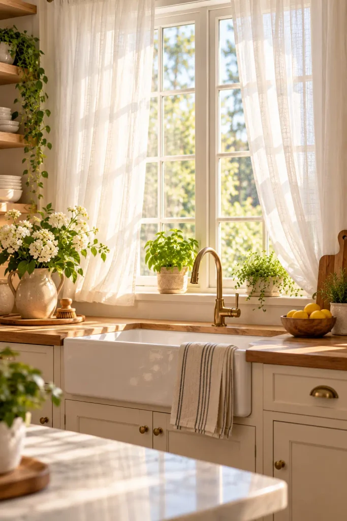Cottage kitchen window with red and white gingham curtains.