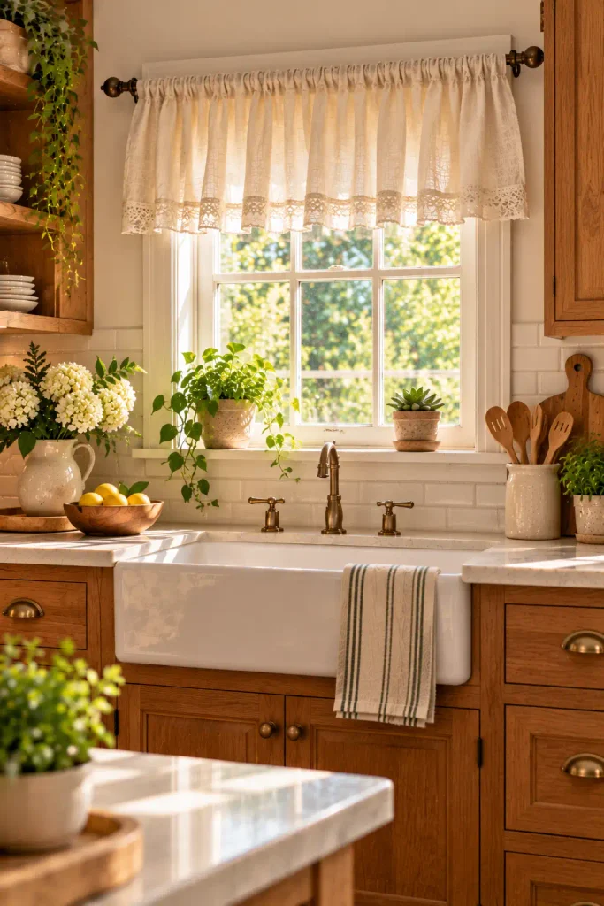 Cozy kitchen window with cream cotton curtains held by tiebacks.