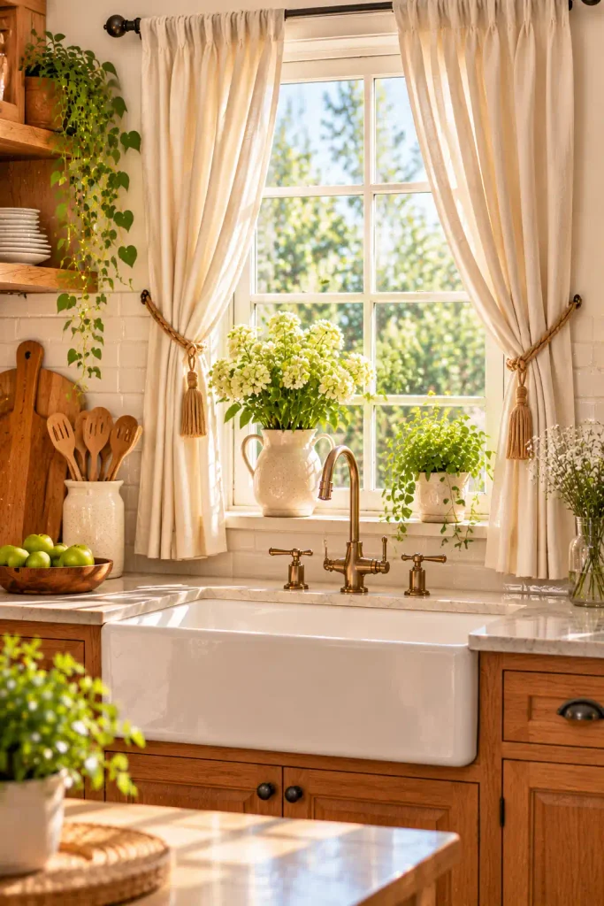 Autumn kitchen window with warm plaid curtains in rust and cream.