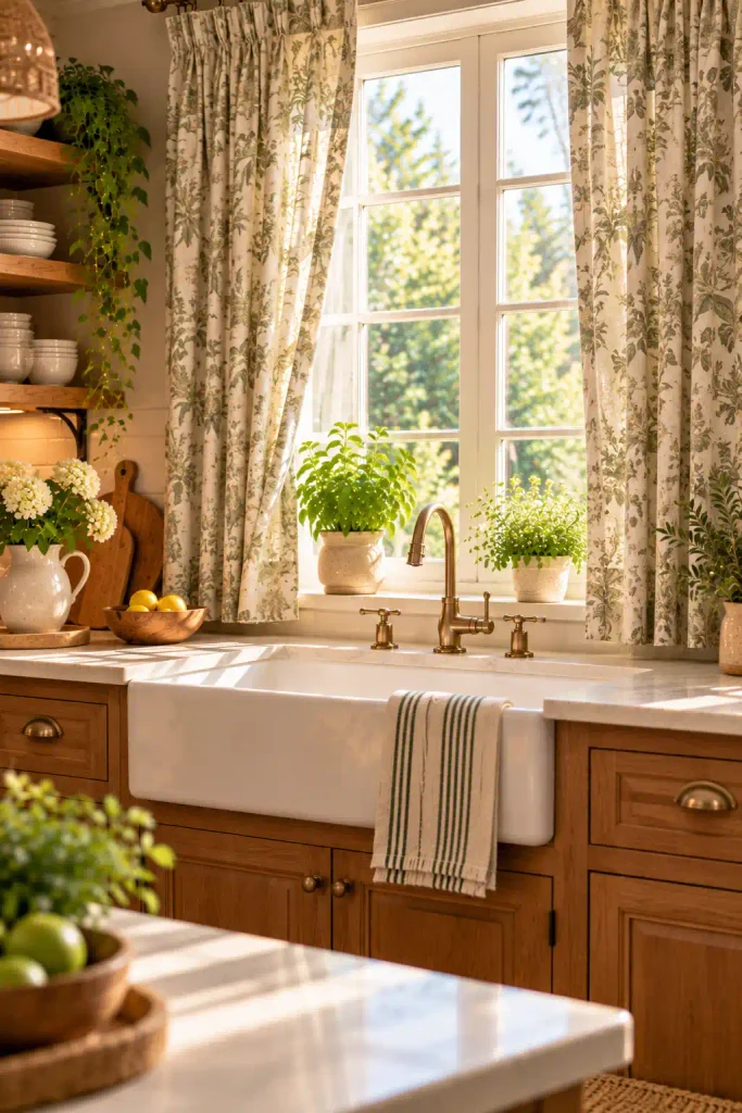 Small kitchen window with a short cream valance.