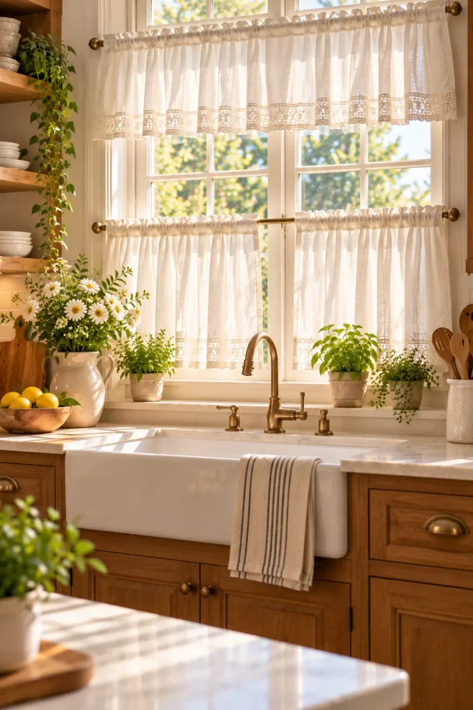 Warm kitchen window with muted floral curtains in dusty rose and sage.