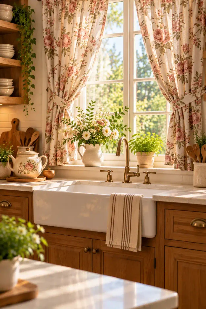 Rustic kitchen window with natural burlap curtains.