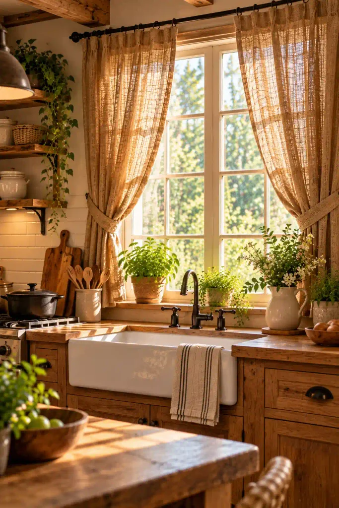 Kitchen glass door with floor length cream curtains tied aside.