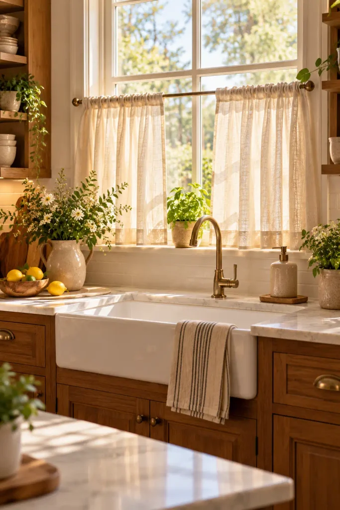 Bright kitchen window with sheer white curtains glowing in morning light.