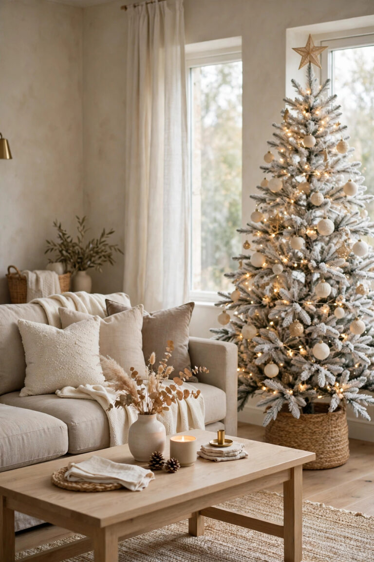 Calm Christmas living room in cream, beige, and soft gold with a white flocked tree.