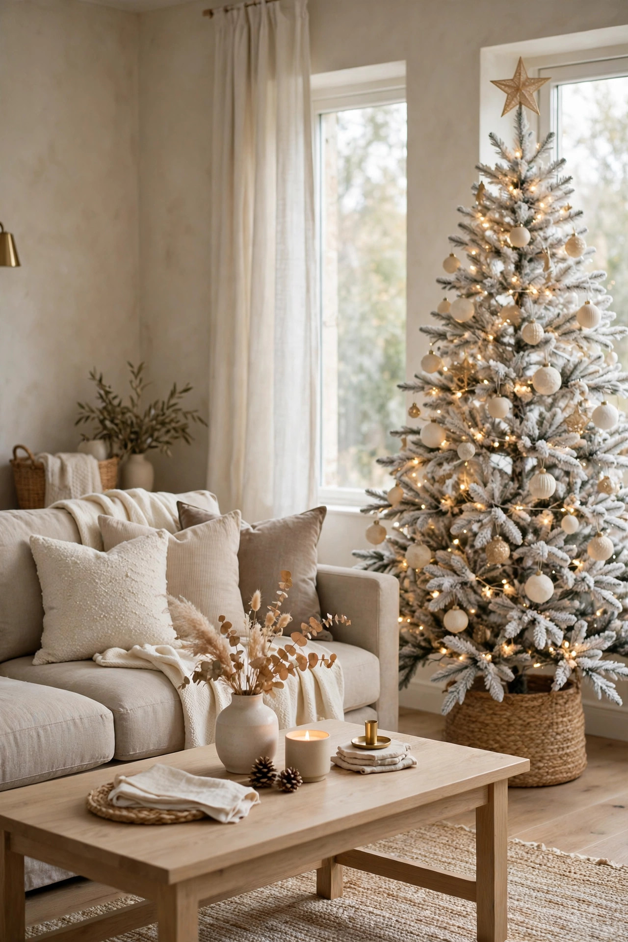 Calm Christmas living room in cream, beige, and soft gold with a white flocked tree.