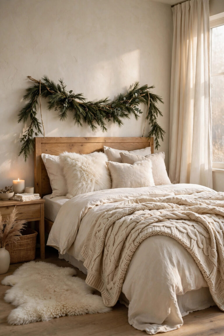 Cozy winter bedroom in warm ivory and oatmeal with a layered bed and pine garland.