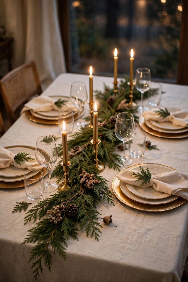 Elegant Christmas dining table with cedar garland, brass candles, and gold rimmed plates.