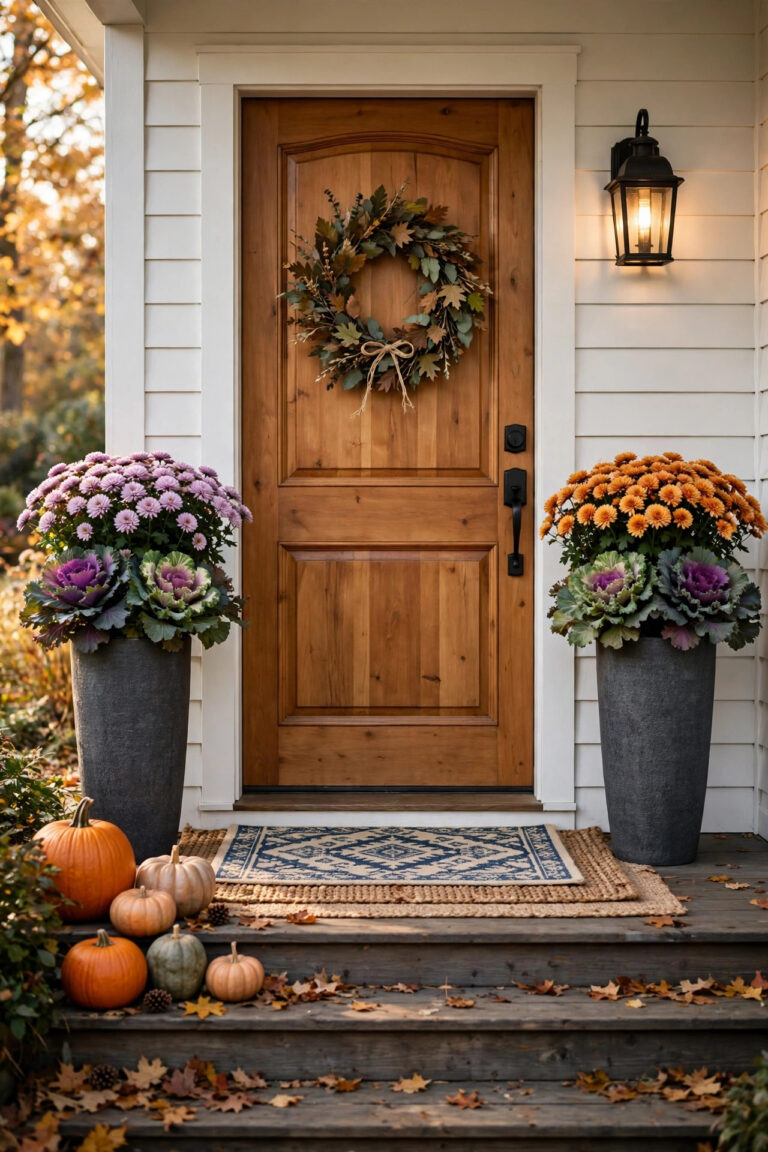 Welcoming fall front porch with a wreath, layered doormat, planters, and pumpkins on the steps.