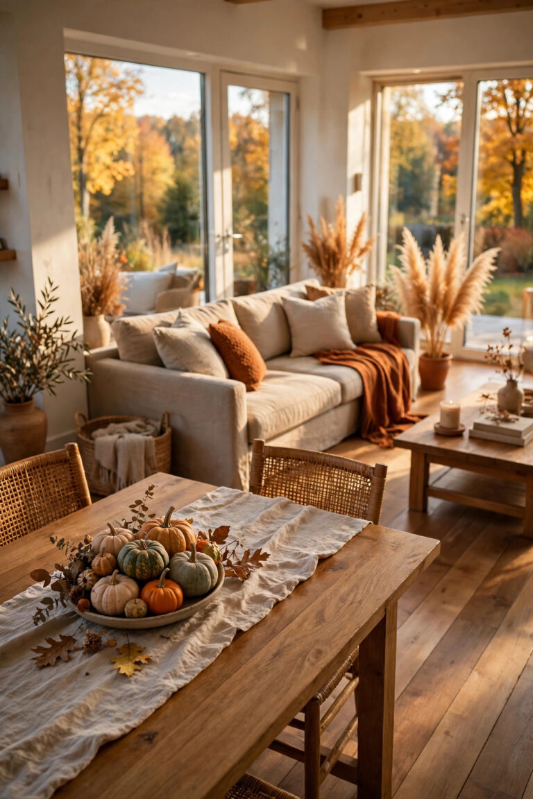 Open-plan living and dining space in fall with a pumpkin bowl on the dining table and a rust throw on the sofa.