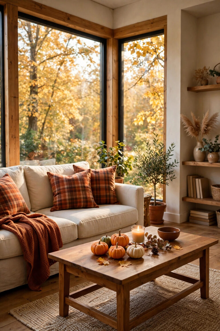 Fall living room with a cream sofa, plaid cushions, and a coffee table with mini pumpkins.
