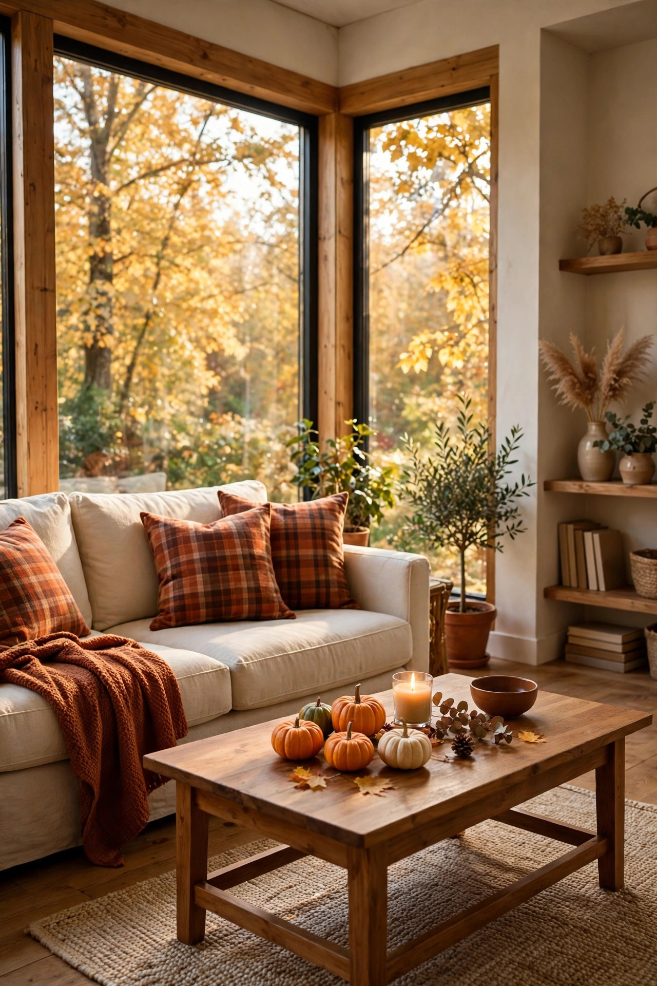 Fall living room with a cream sofa, plaid cushions, and a coffee table with mini pumpkins.