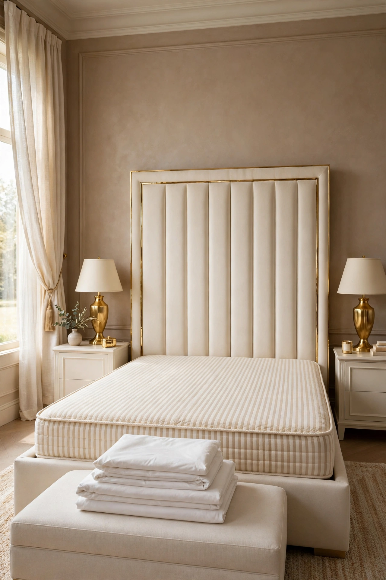 Bare cream mattress on a glam bed with a tall upholstered headboard before the hotel layers are added