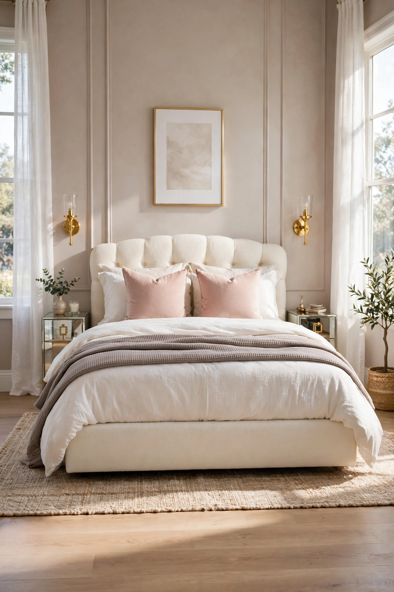 Cream upholstered bed placed flat and centered against the longest wall of a small glam bedroom