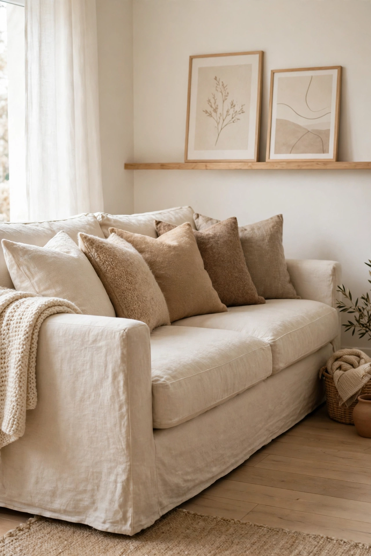 Deep cream linen sofa with neutral pillows in ivory, beige, and camel in a cozy neutral living room