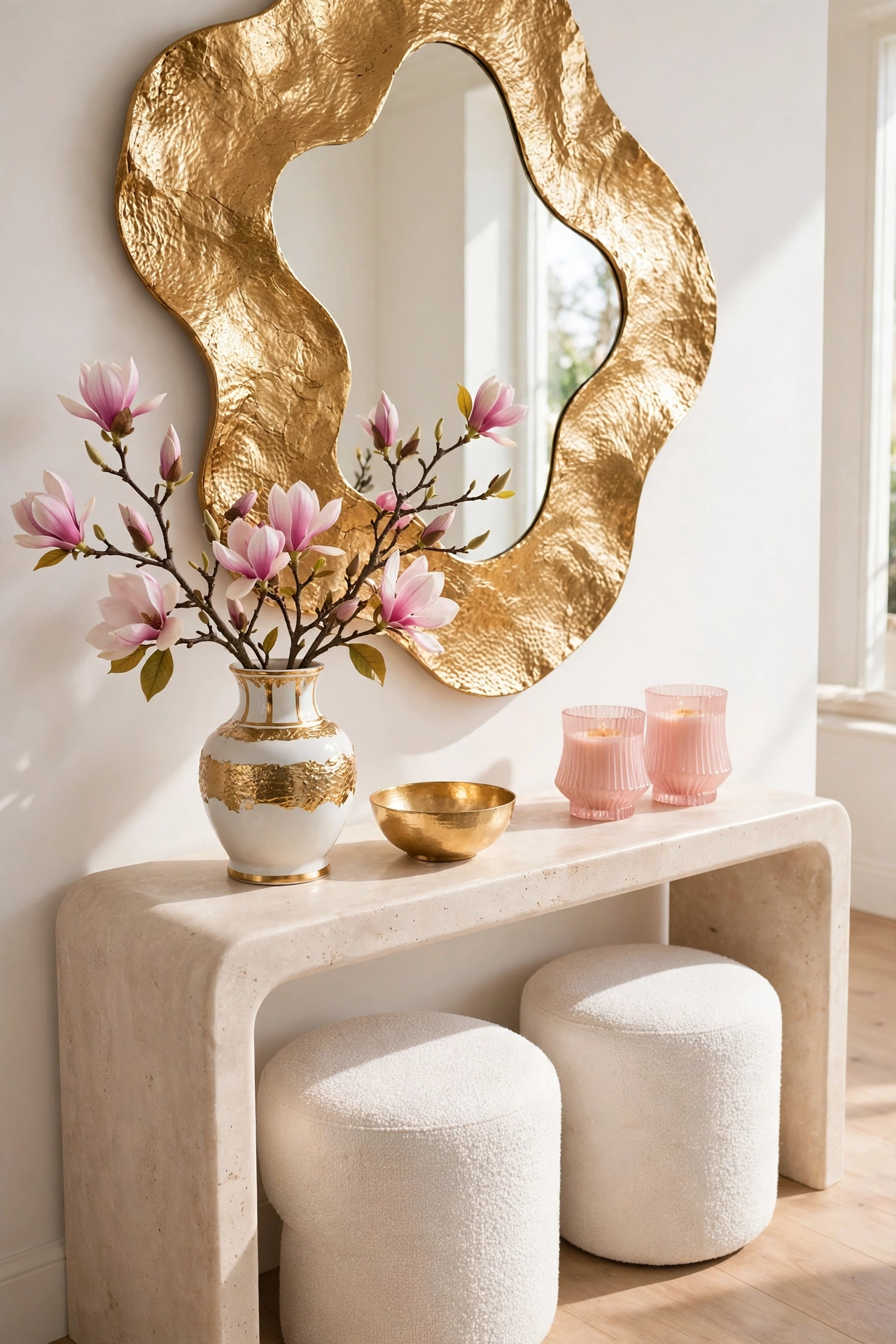 Large textured gold organic mirror above a stone console with a white and gold vase of pink magnolia stems