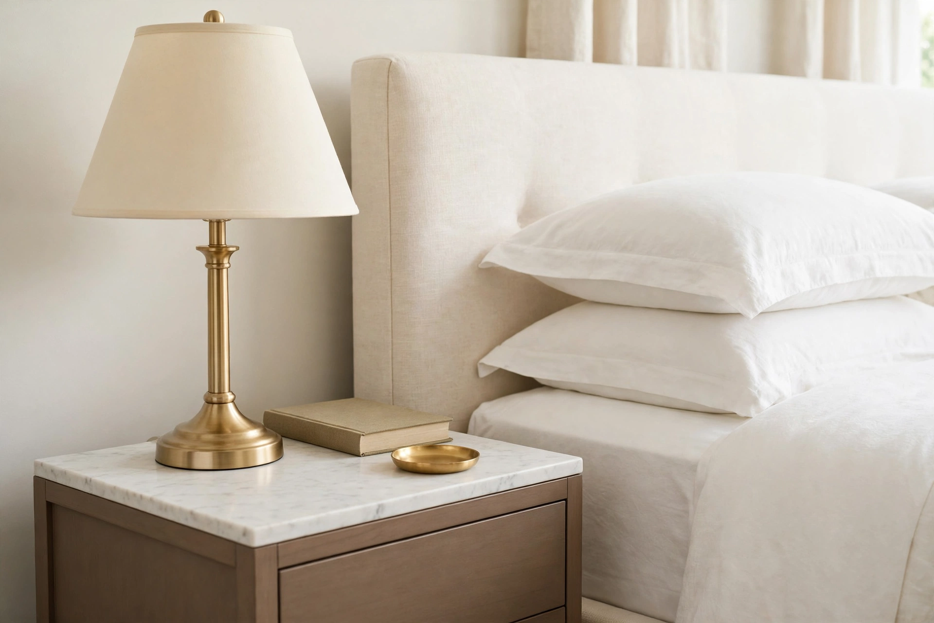 Gold lamp at the correct reading height beside a cream bed, its shade level with the top of the pillows