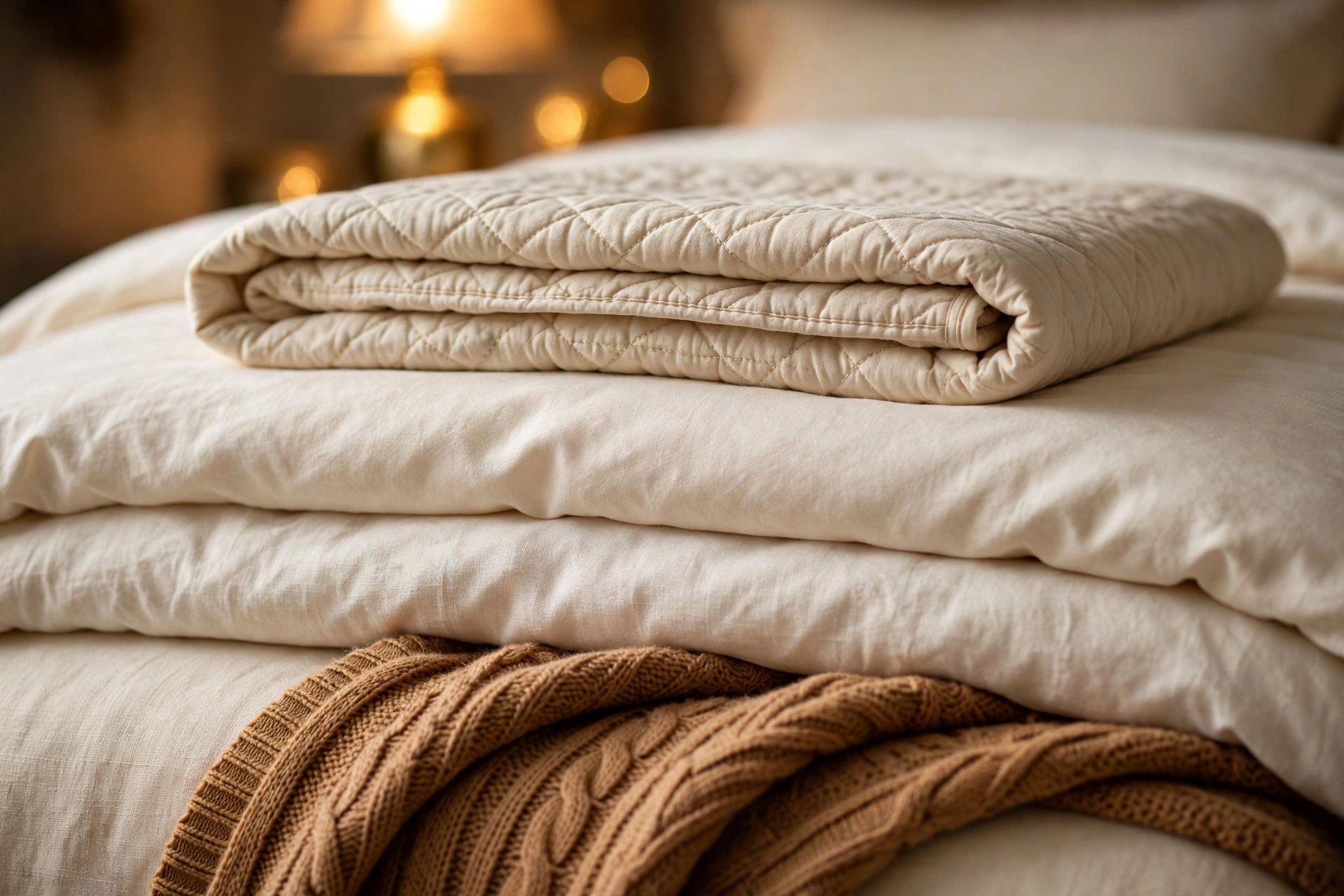 Cream bed dressed in three layers, a smooth duvet, a folded quilt, and a caramel throw across the foot