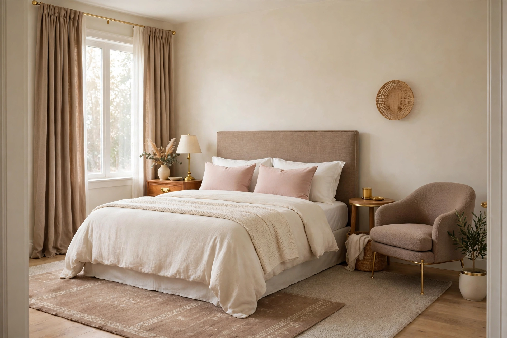 Luxury bedroom in one soft palette of white, cream, and warm taupe with blush cushions and gold details