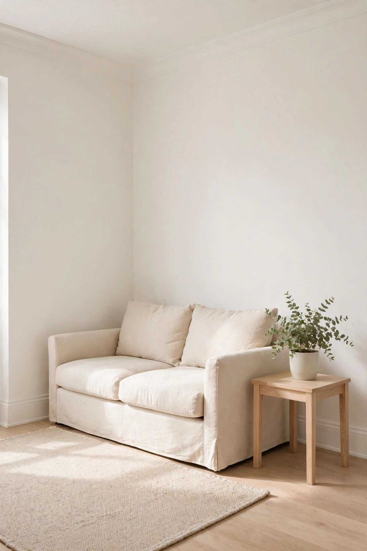 Small living room painted one warm white colour with a cream sofa and light oak furniture