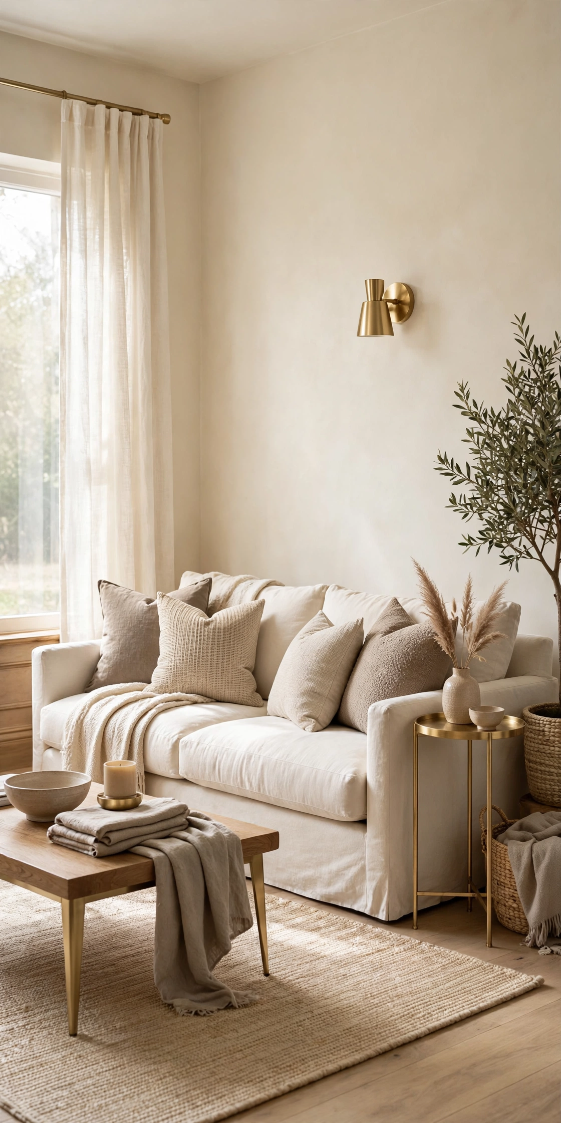 Cream sofa as the dominant neutral with beige and taupe cushions supporting it, no competing colours