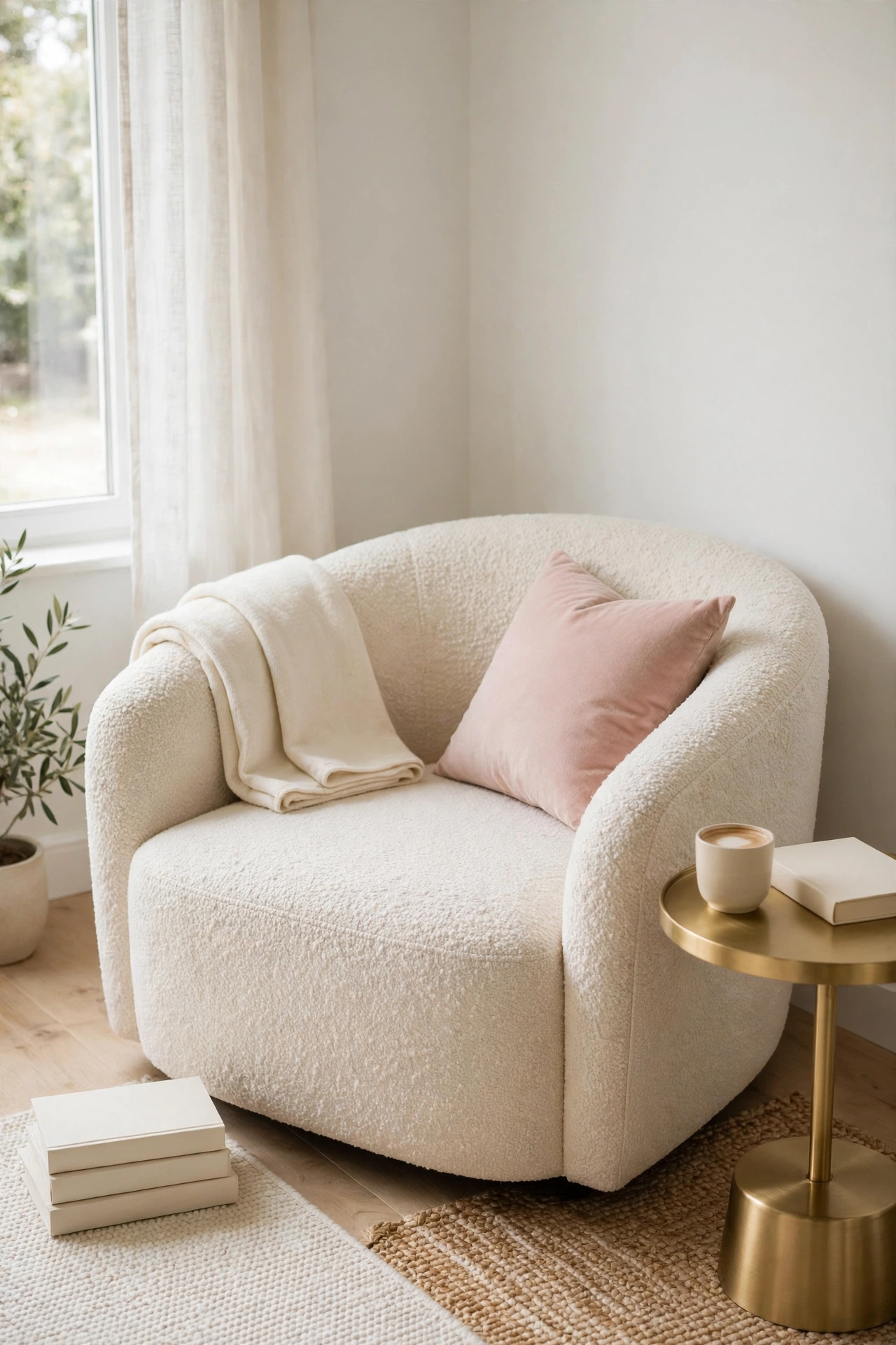 Curved cream boucle reading chair angled in a living room corner with a gold side table, a folded throw, and stacked books