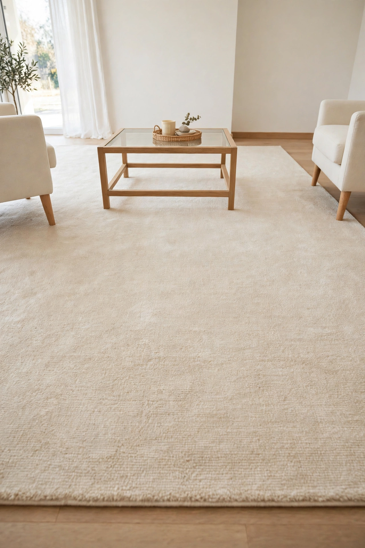 Large cream rug with all front furniture legs standing on it in a living room that looks expensive