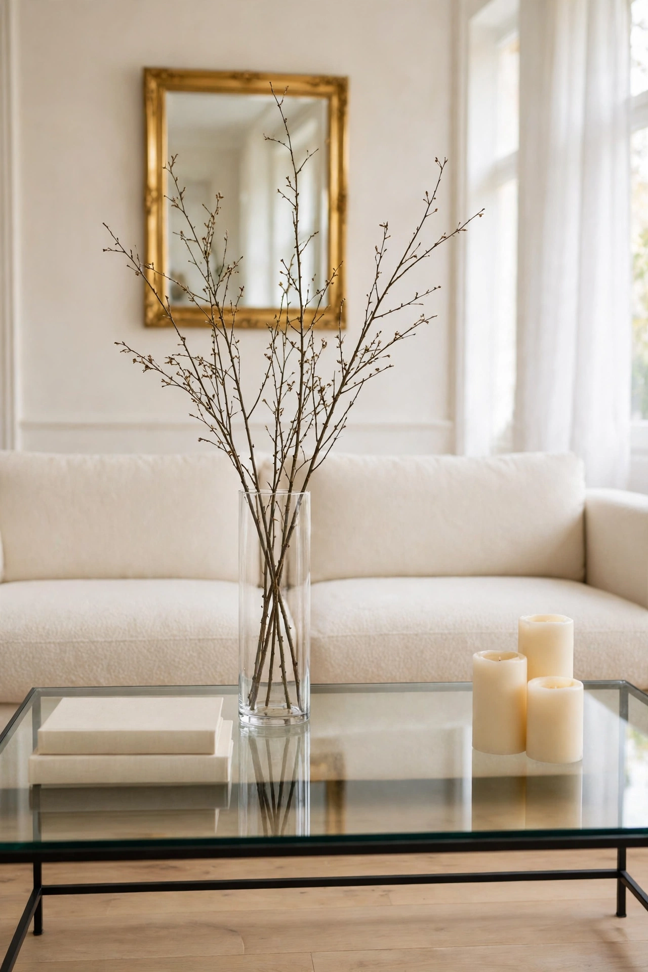 Three styled groups on a coffee table, books, vase, and candle cluster, with calm space between them