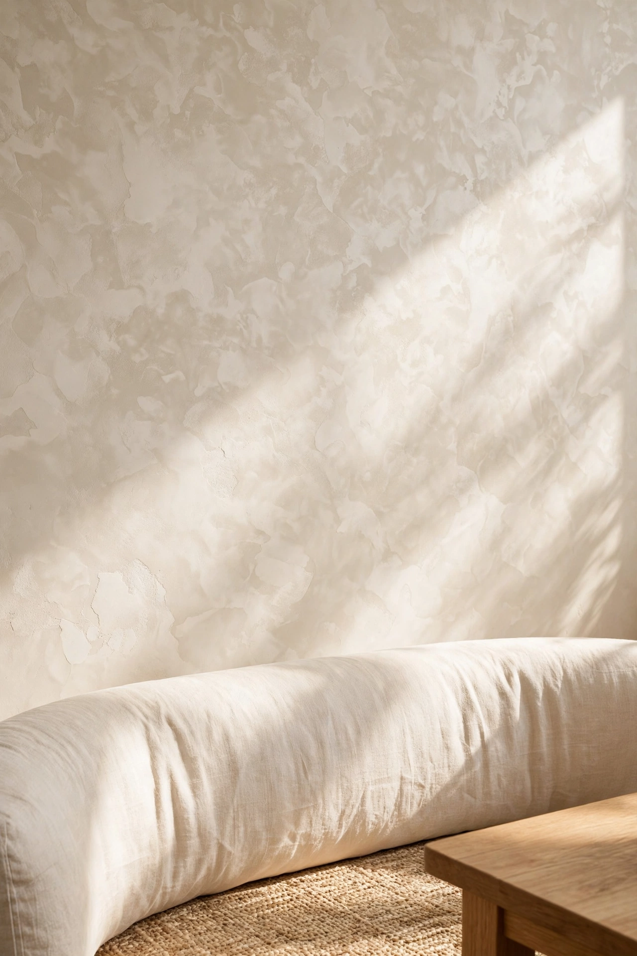 Warm white limewash walls with soft texture behind a curved cream sofa in a modern organic living room