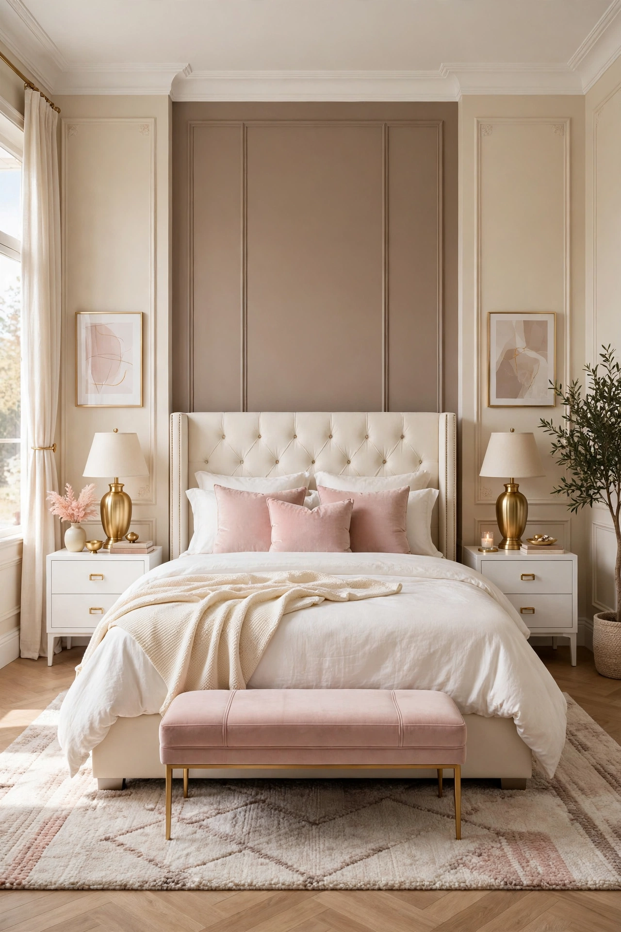 Bedroom with a warm taupe painted wall behind an ivory bed with cream bedding and blush cushions
