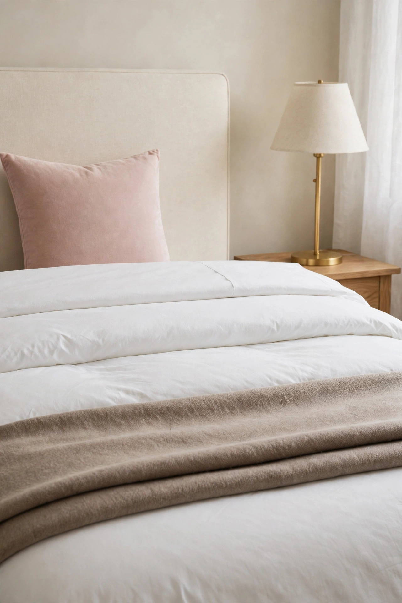 Cream upholstered bed dressed in three crisp white bedding layers with a folded taupe throw at the foot