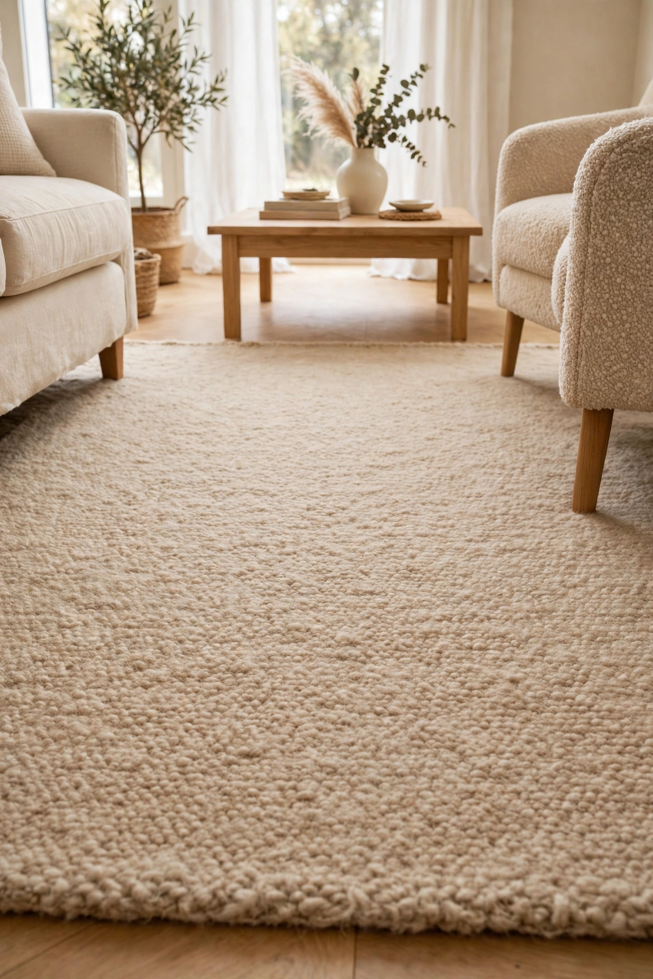 Large warm beige wool rug under a cream sofa and light oak coffee table in a neutral living room