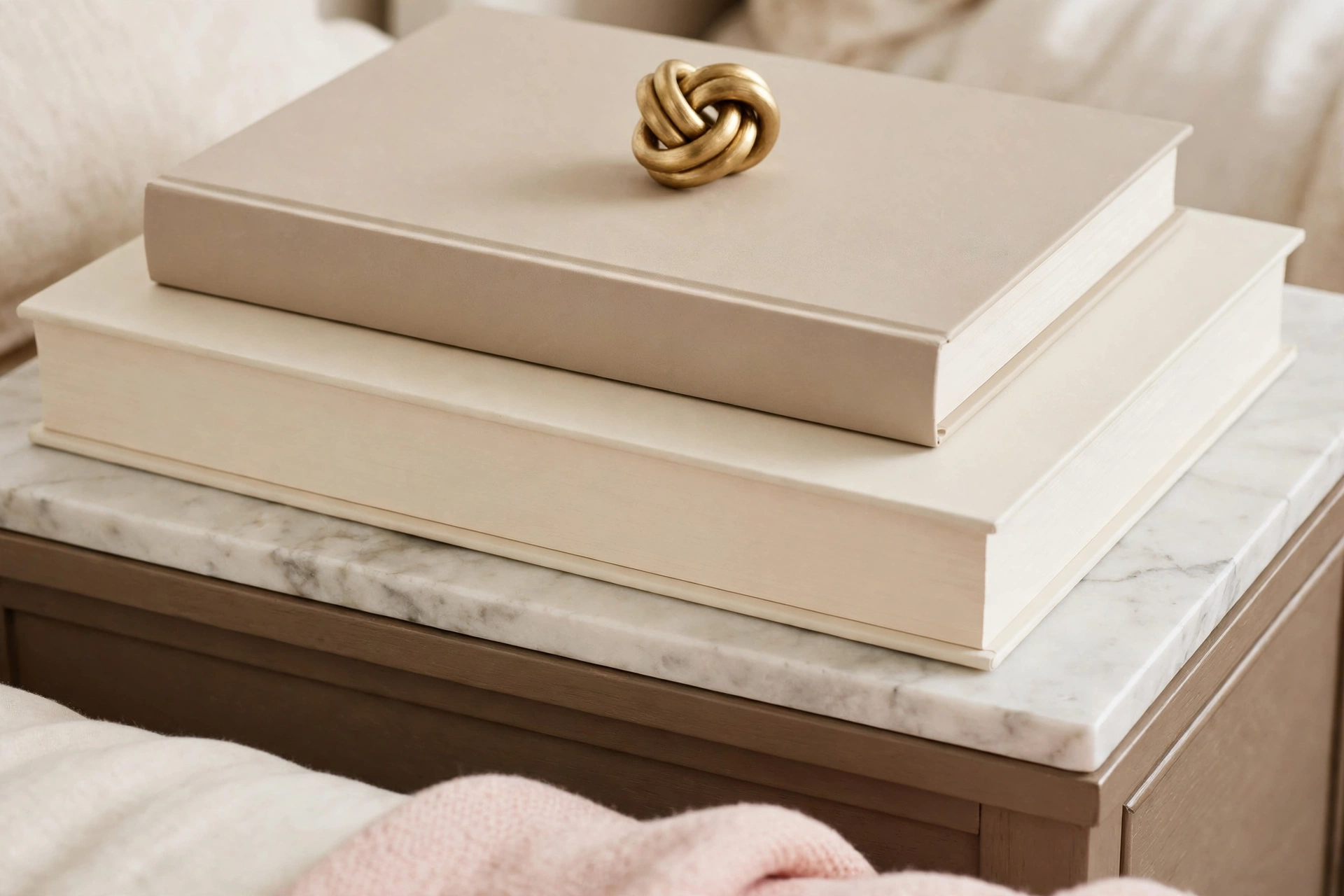 Two large plain covered books stacked on a nightstand with a small gold object resting on top