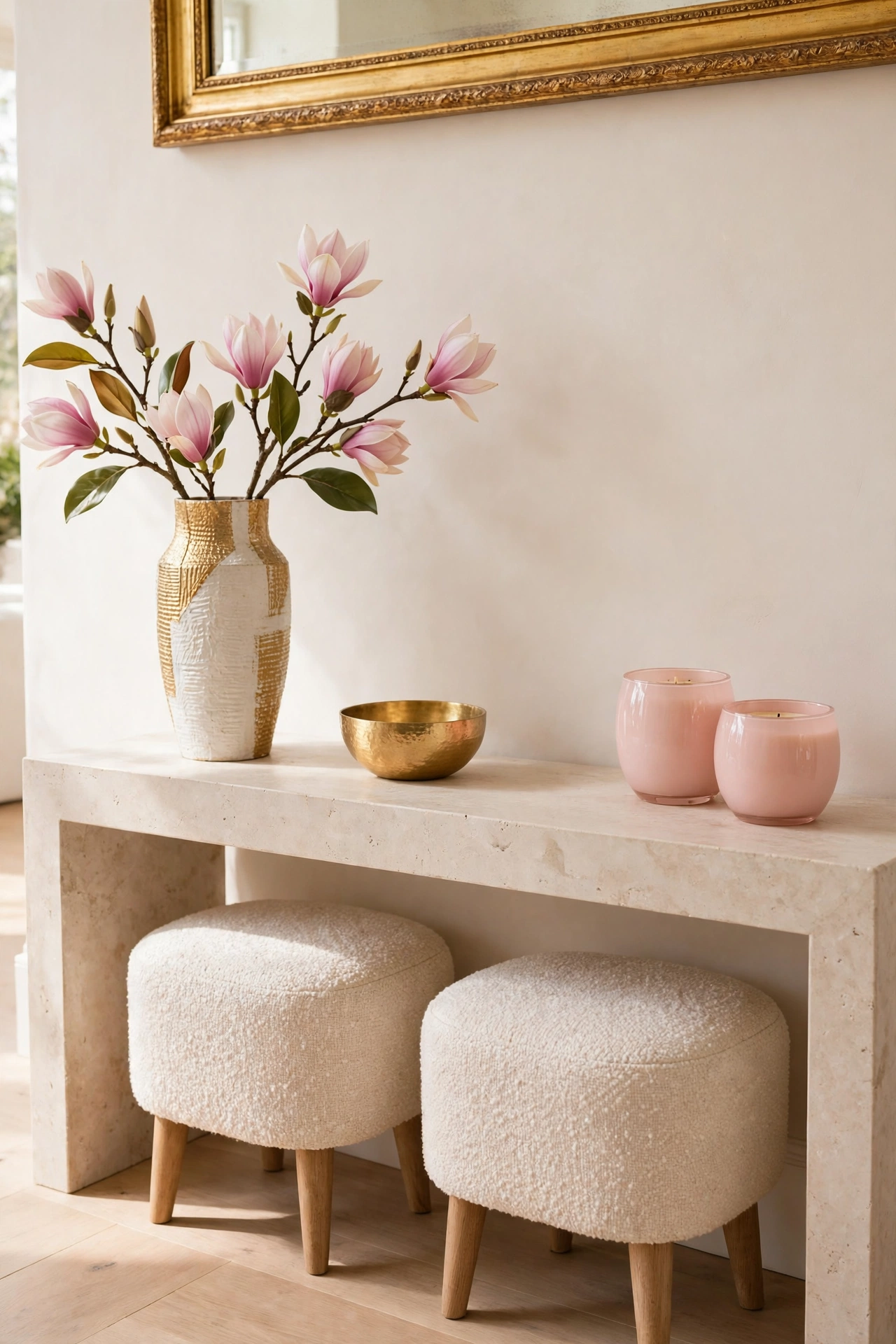 Pale stone console styled with a tall vase