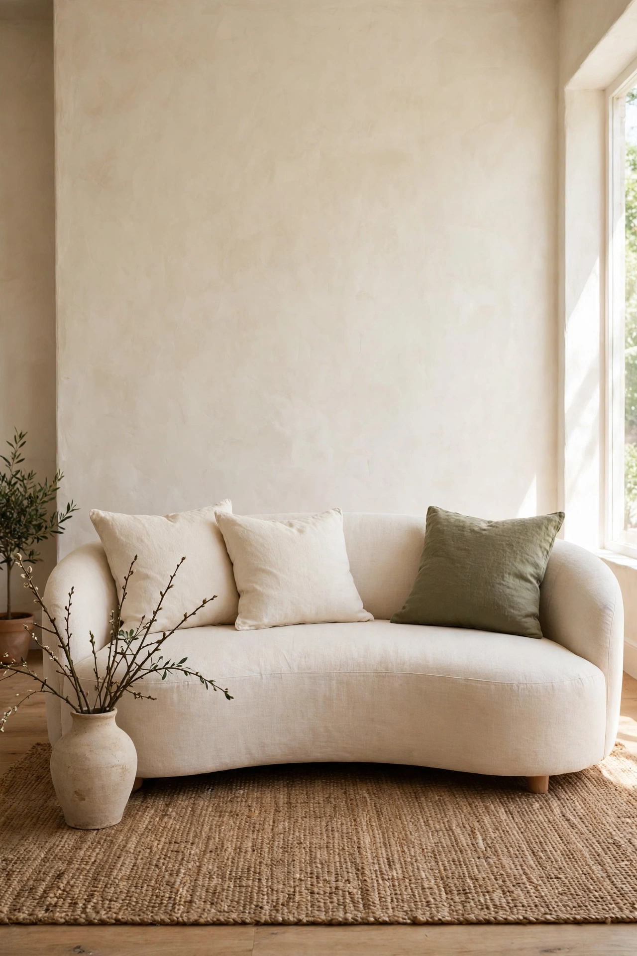 Low curved cream linen sofa with soft cushions in a modern organic living room