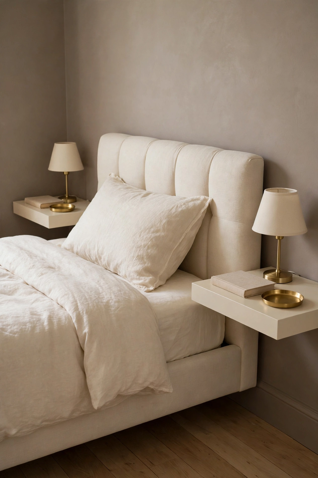 Two floating cream shelves mounted beside the bed in place of nightstands, holding a small lamp, book, and gold tray