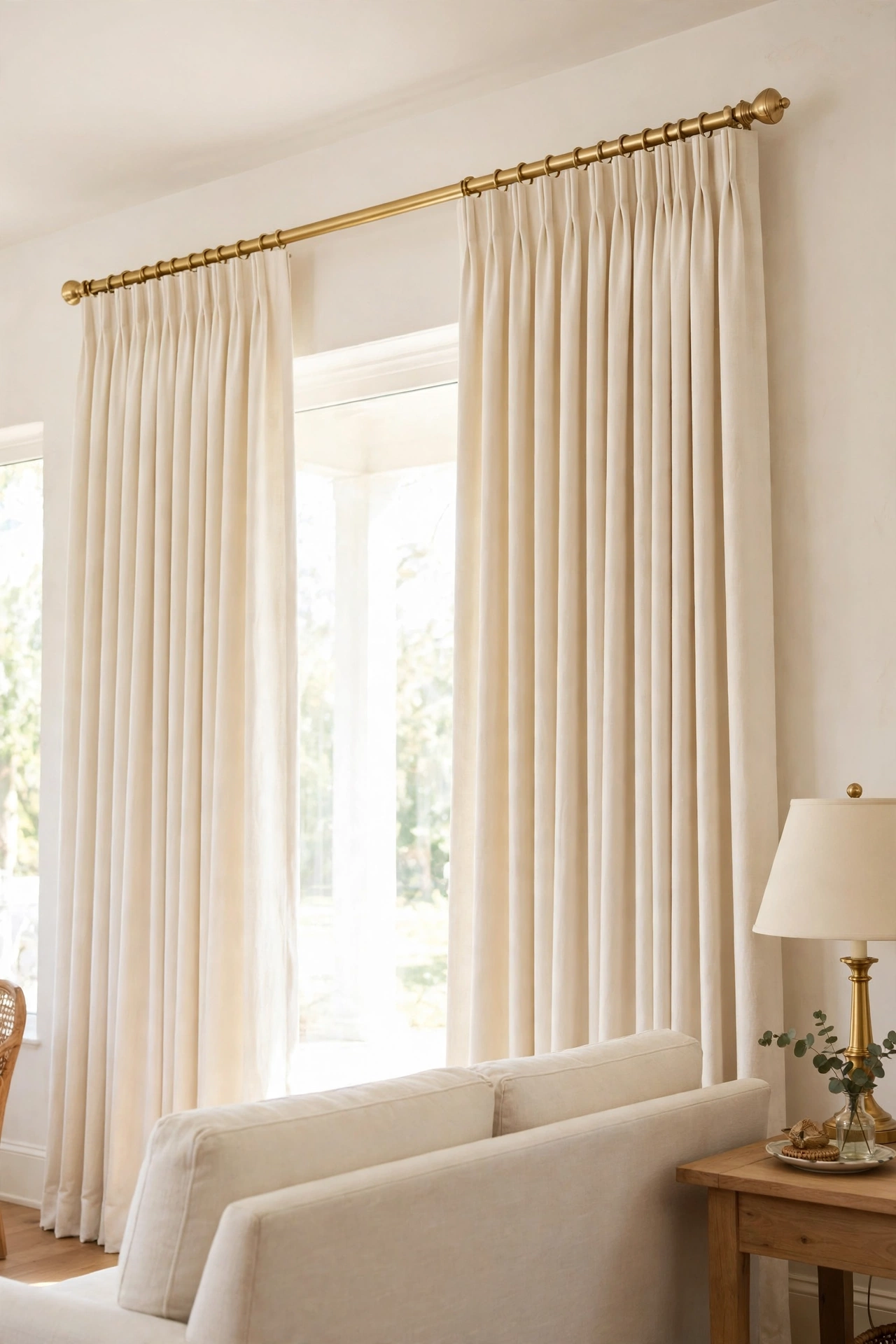 Cream curtains hung high near the ceiling and wide of the window falling full length to the floor
