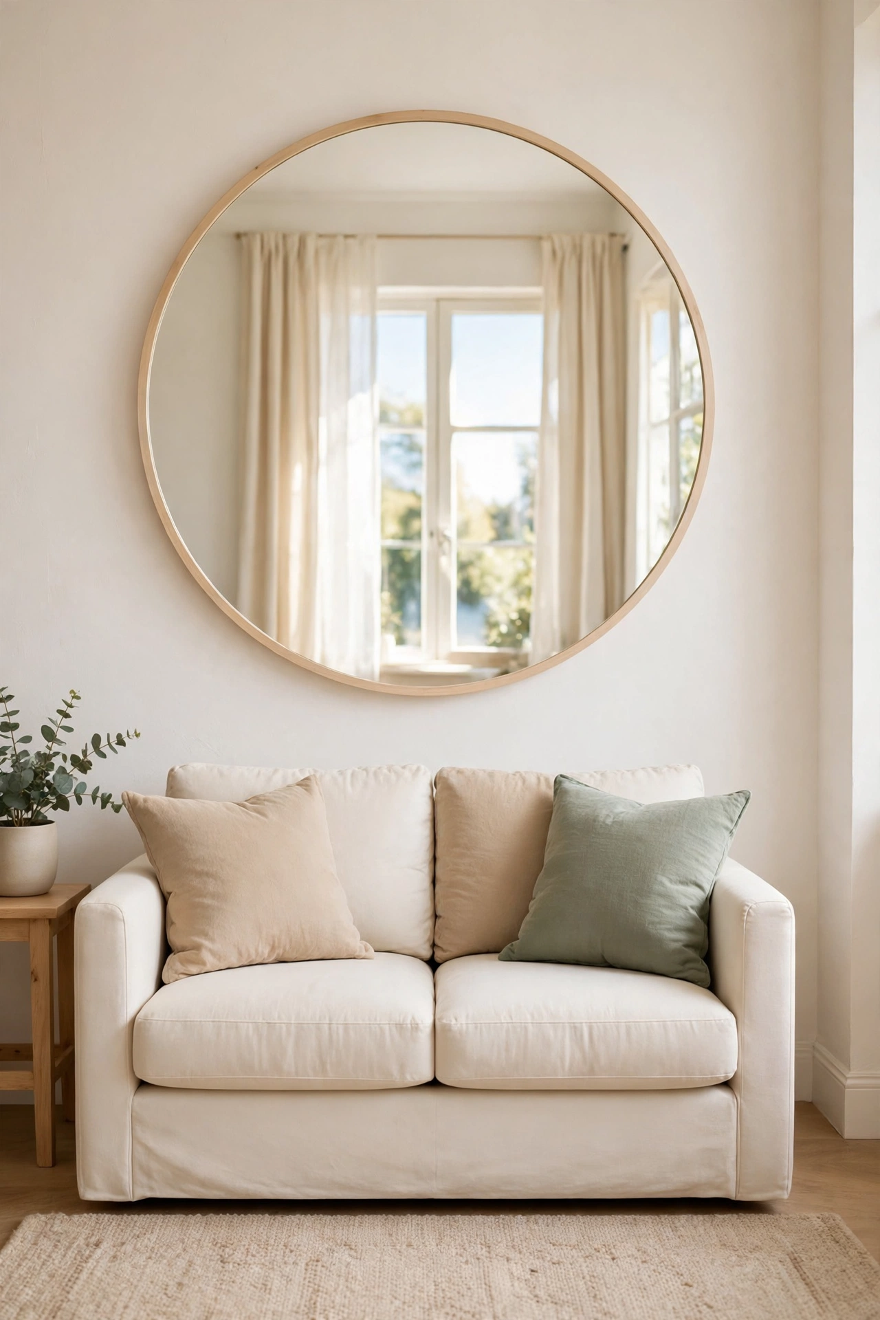 Large round mirror above a small cream sofa reflecting the window light in a small living room