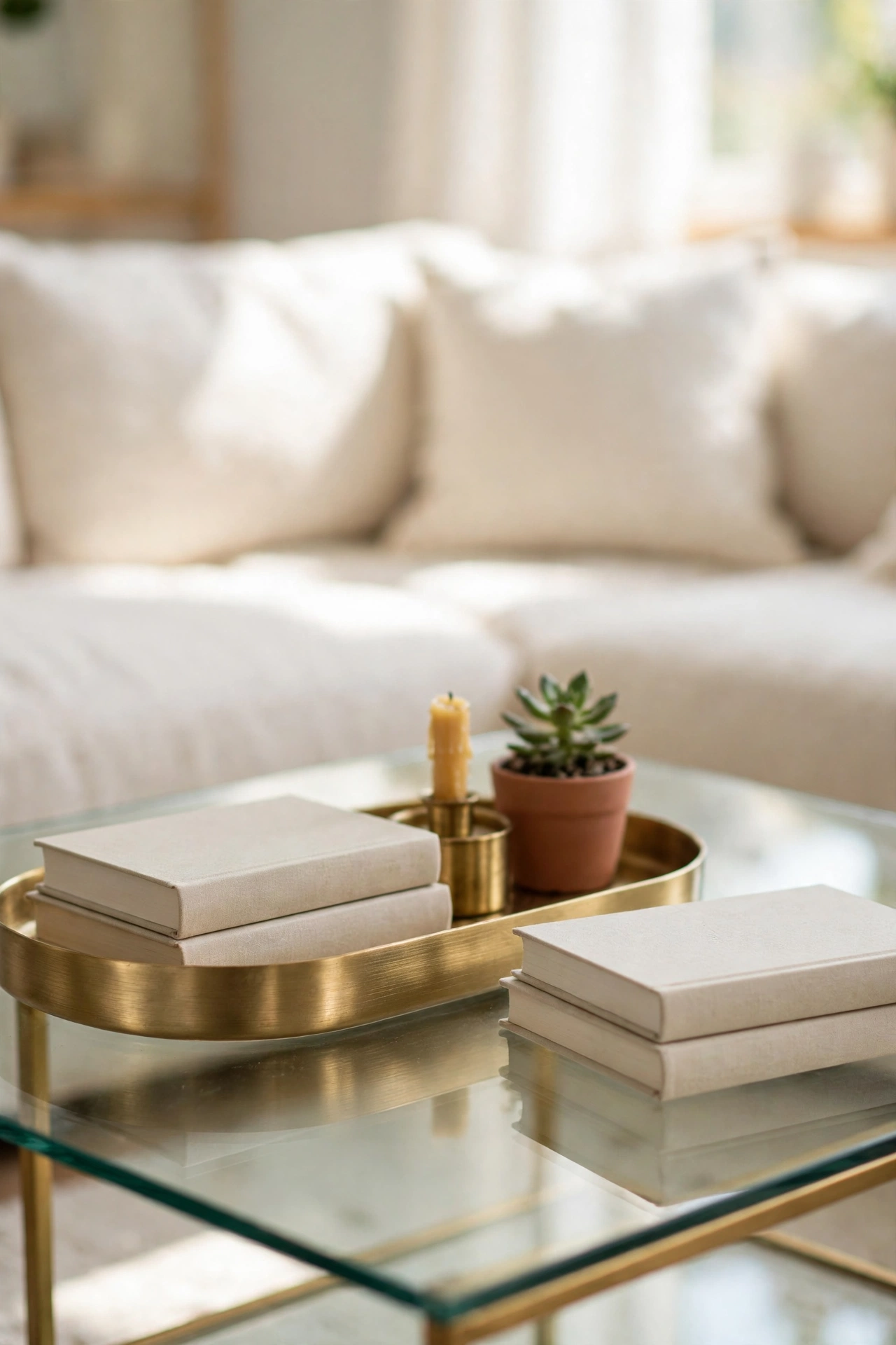 Low brushed gold tray anchoring books, a candle, and a small plant on a glass coffee table