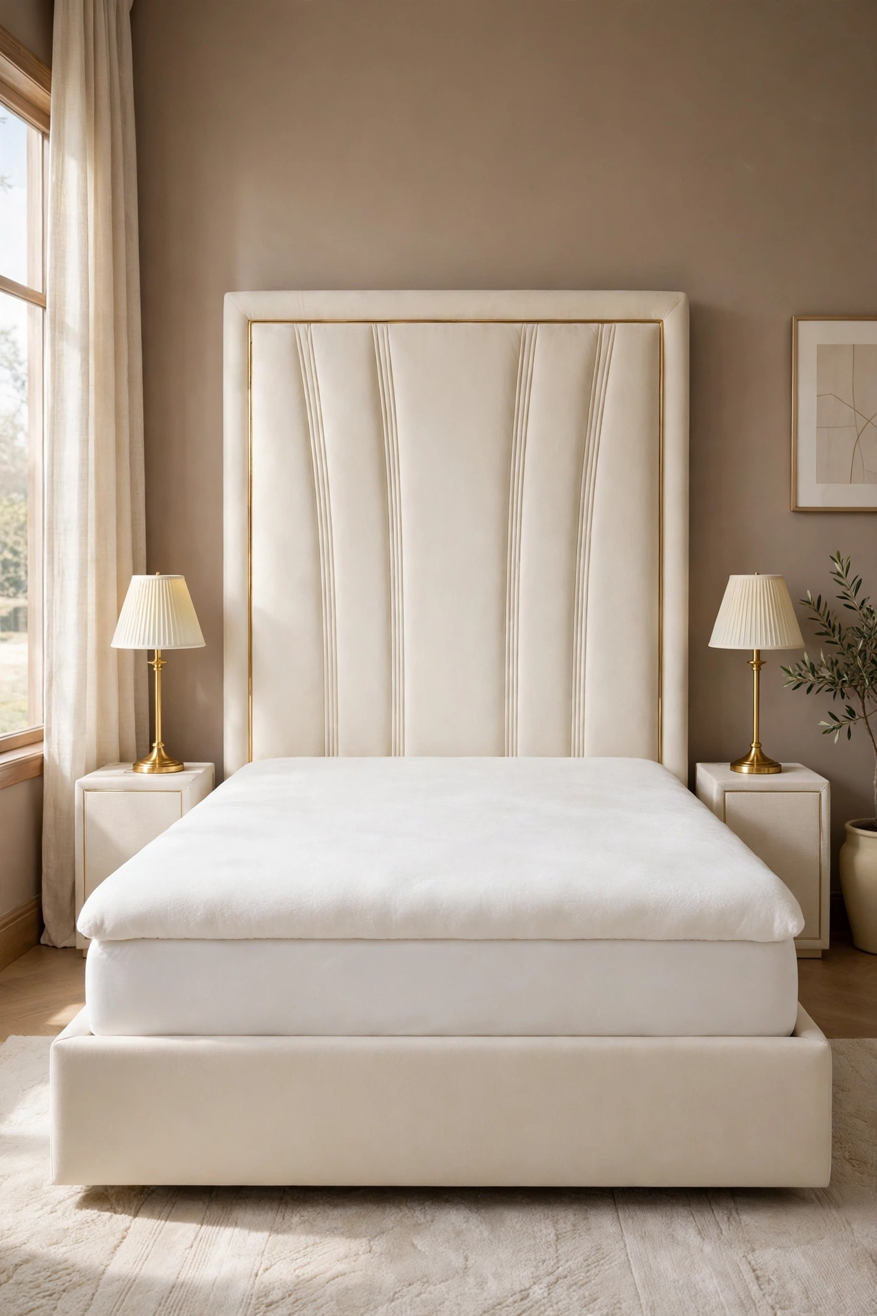 Thick white mattress topper laid flat and even on the bed as the first soft hotel layer