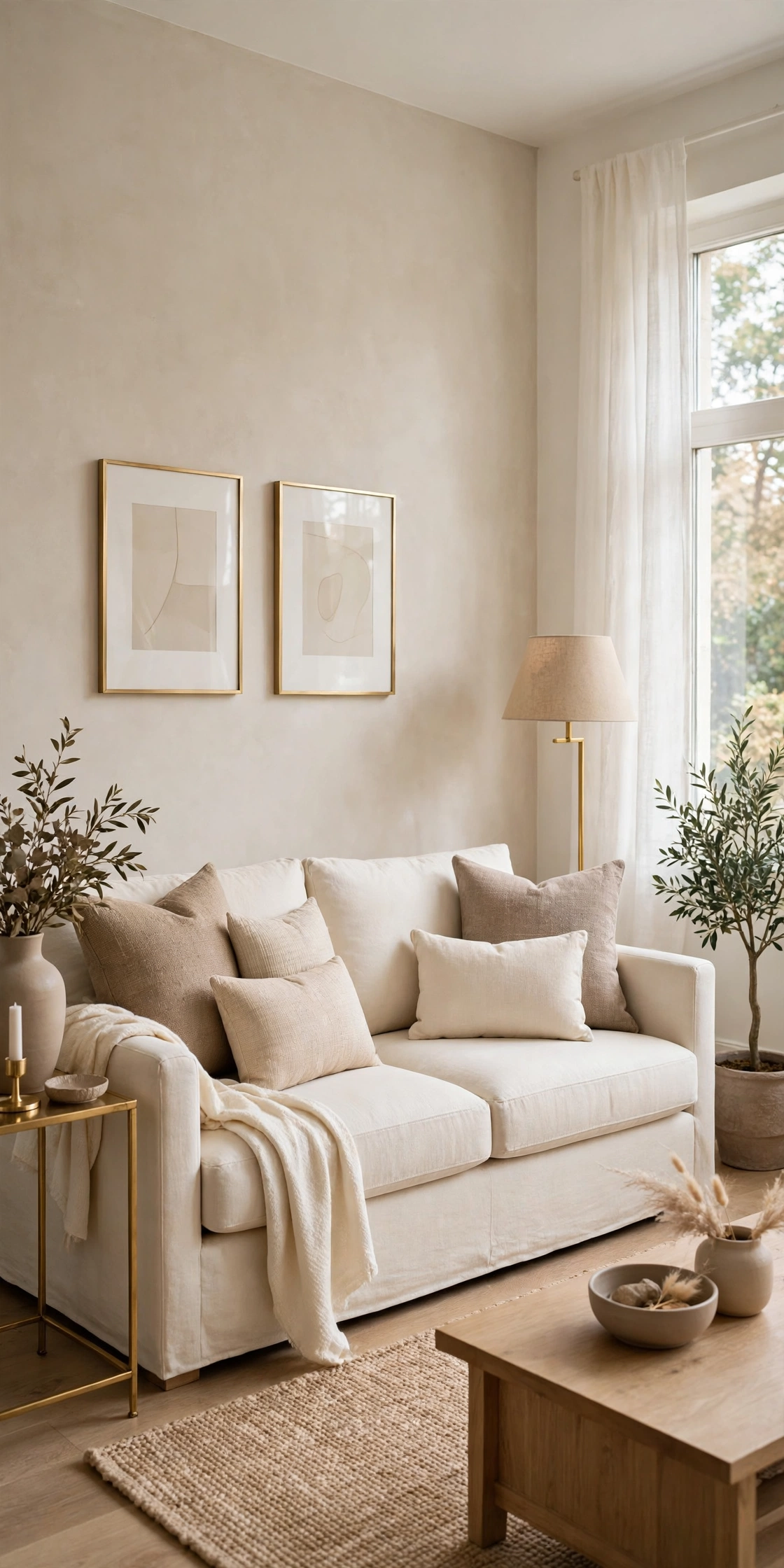 Sofa styled with five cushions in an odd arrangement, three on one side and two on the other