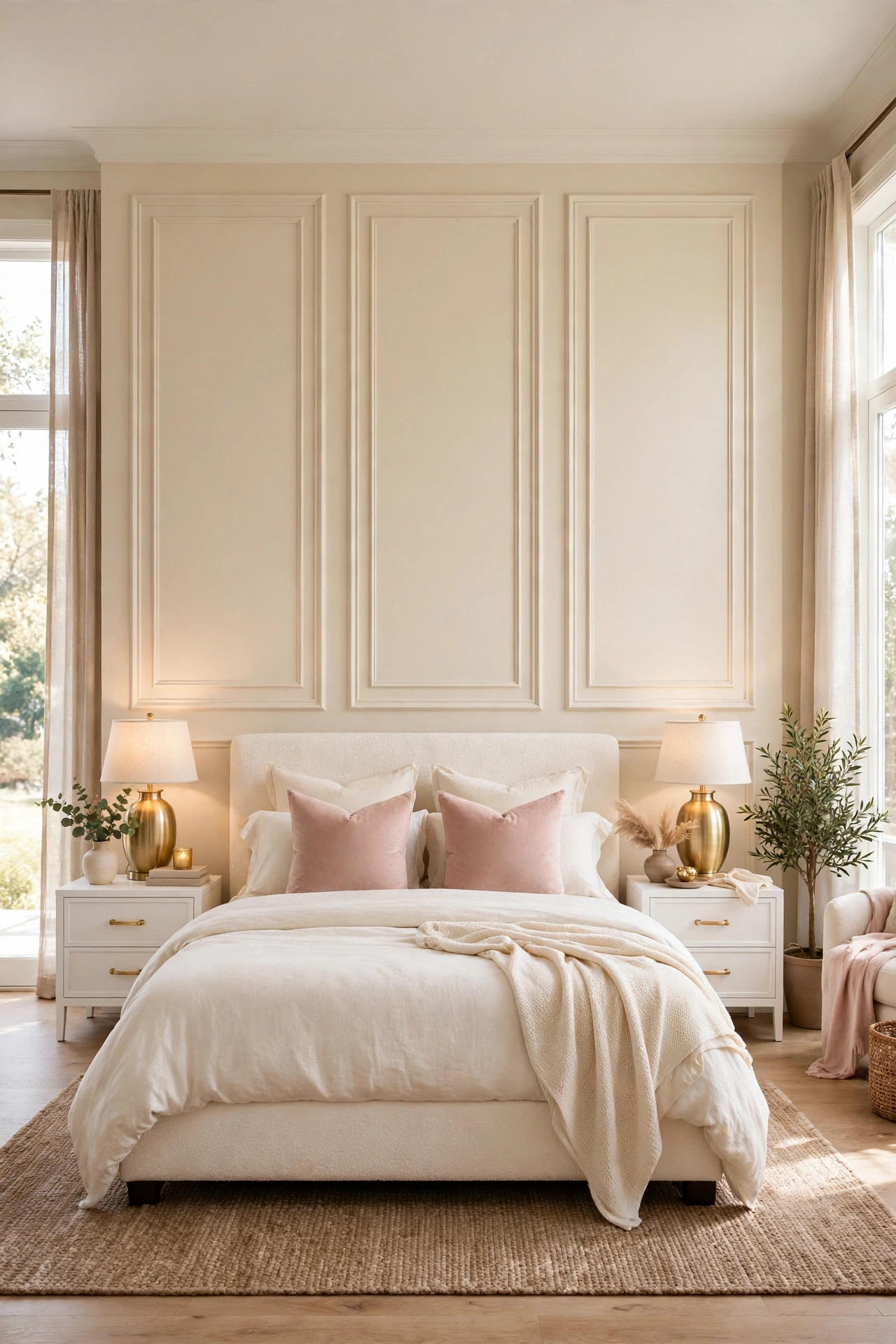 Cream panel molding rectangles on the wall behind an ivory bed in a bright glam bedroom
