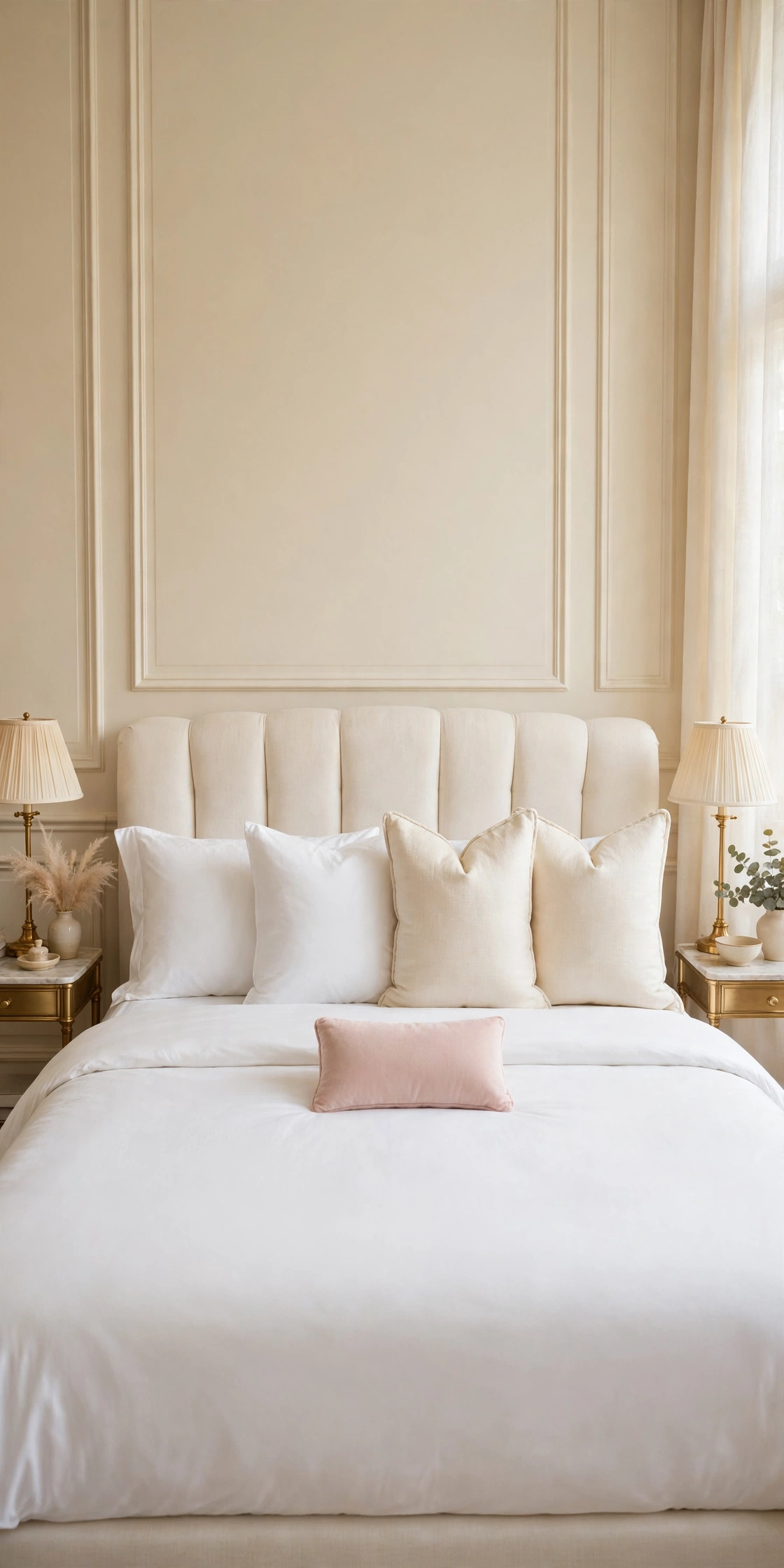 Four pillows in a neat formula on a white bed, two sleeping pillows, two shams, and one blush cushion in front