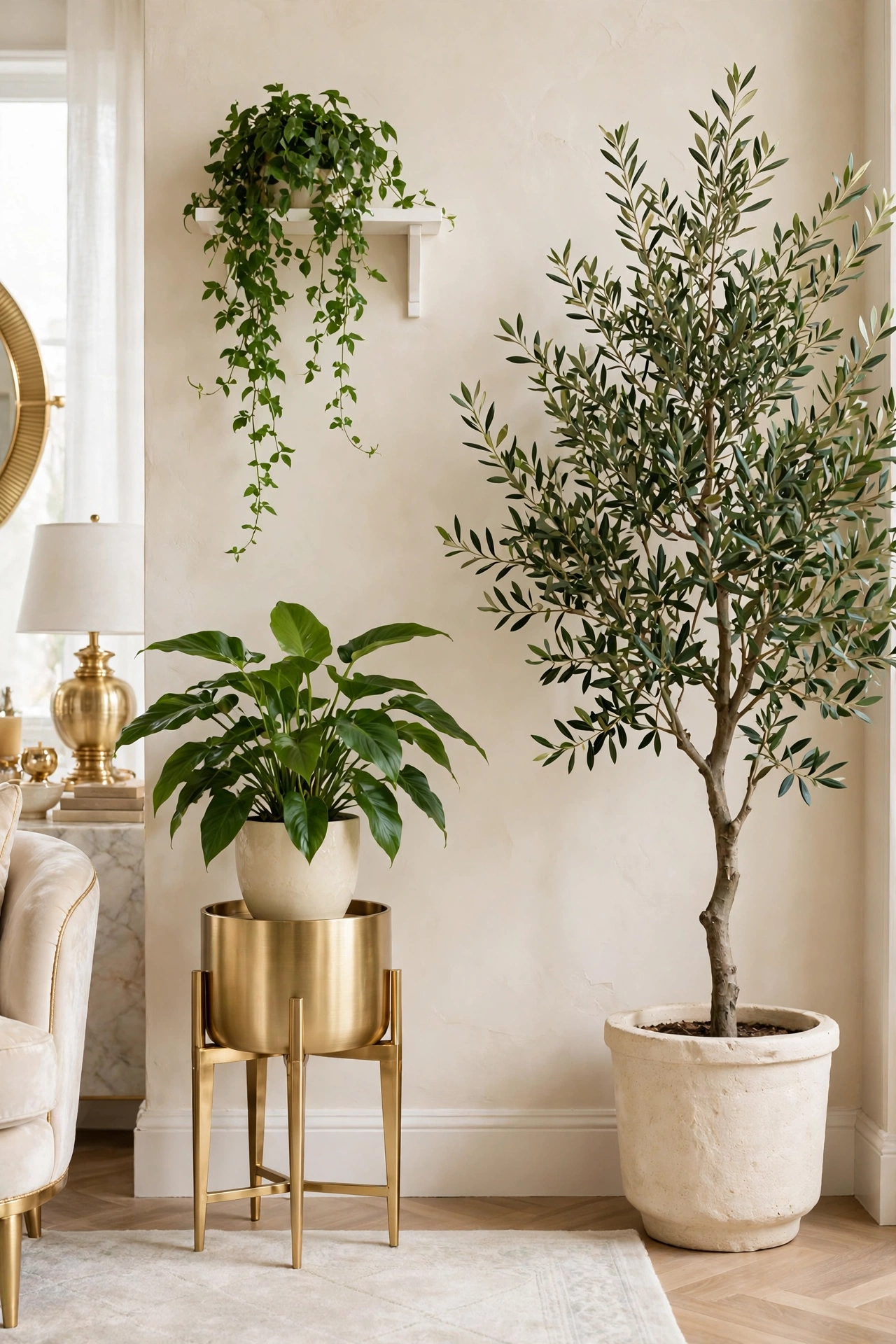 Layered plant corner in a bright living room with a tall olive tree, a medium plant on a gold stand, and a trailing plant on a wall shelf