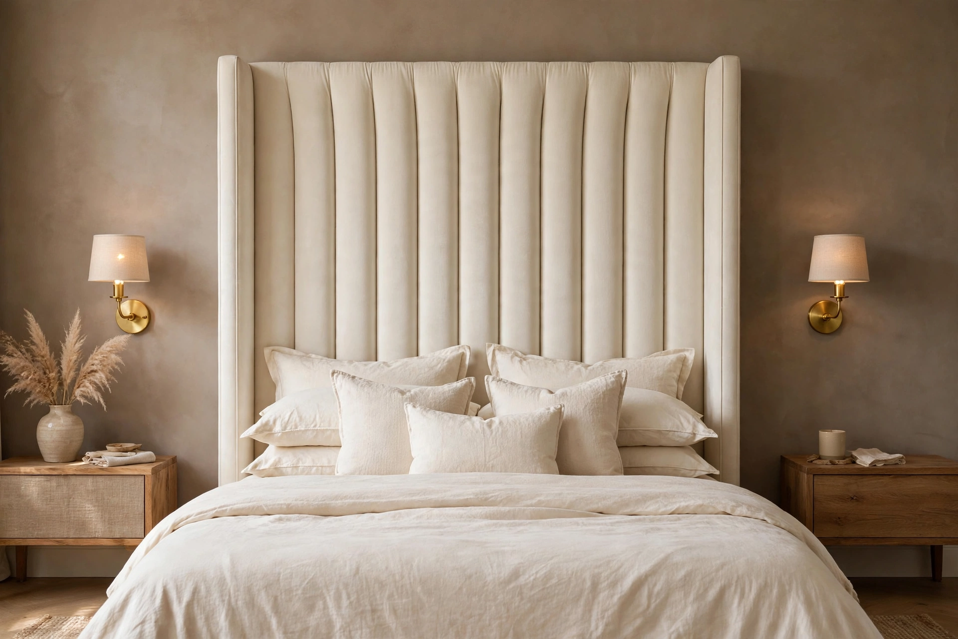 Tall ivory channel upholstered headboard as the center of a luxury bedroom with gold sconces